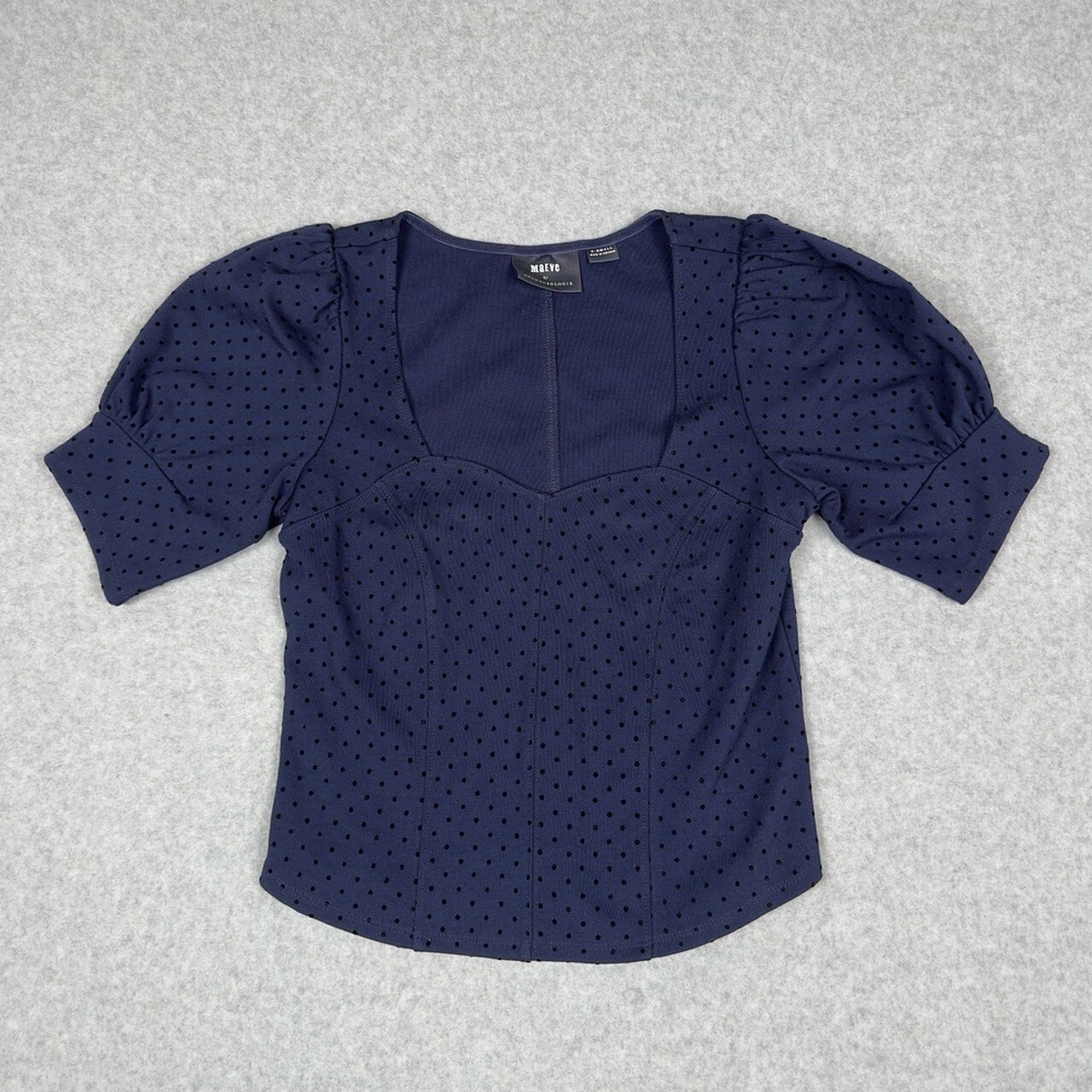 Maeve Anthropologie Top XS Navy Polka Dot Puff Sleeve Sweetheart Neck Coquette